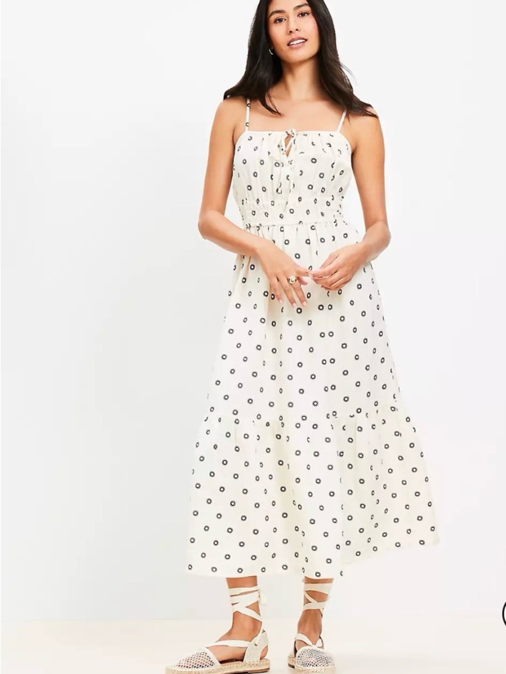 Cream Spotted Smocked Waist Maxi Dress